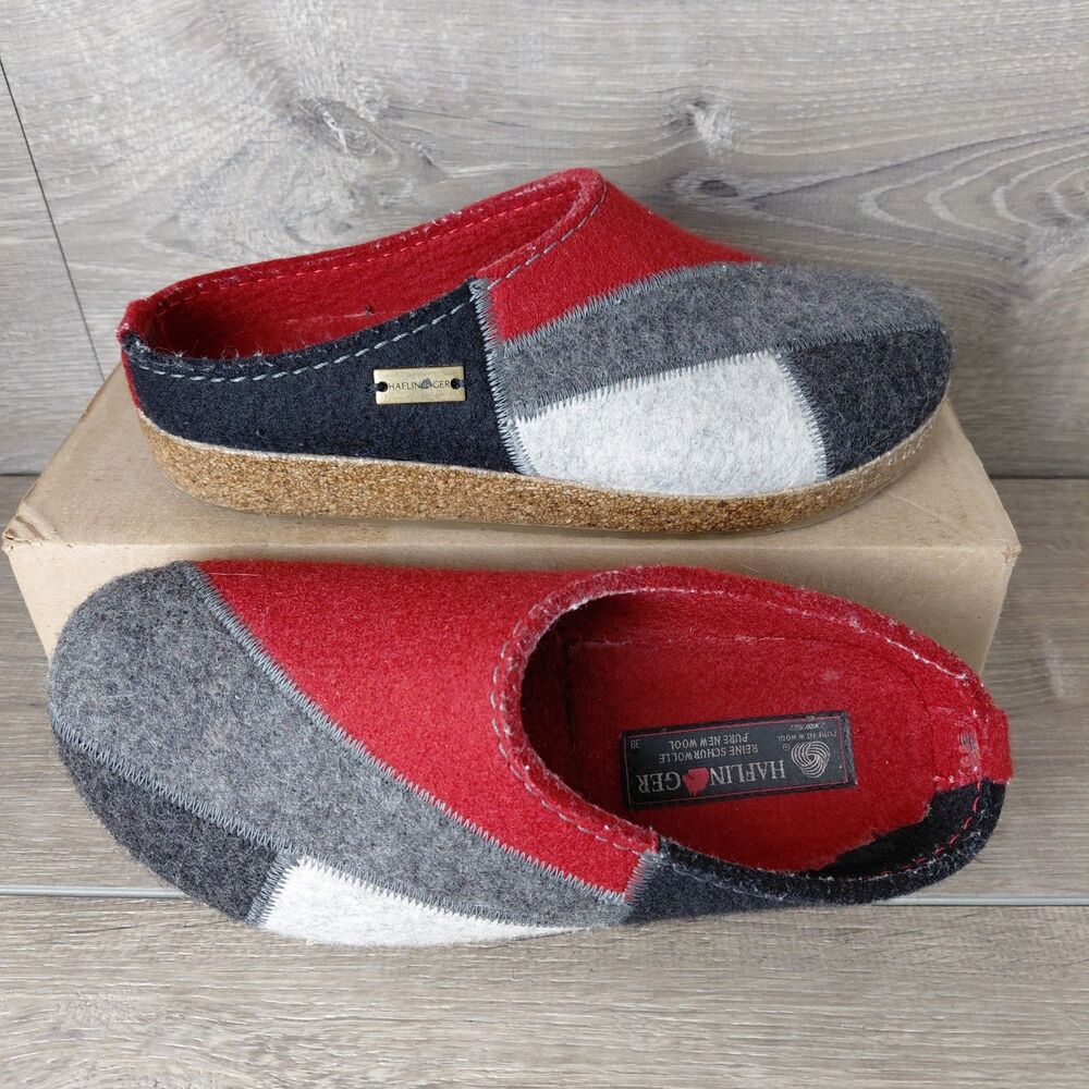 Haflinger Grizzly Clogs Mules Women US 7 EU 38 Red Black Gray Patch Wool Slipper